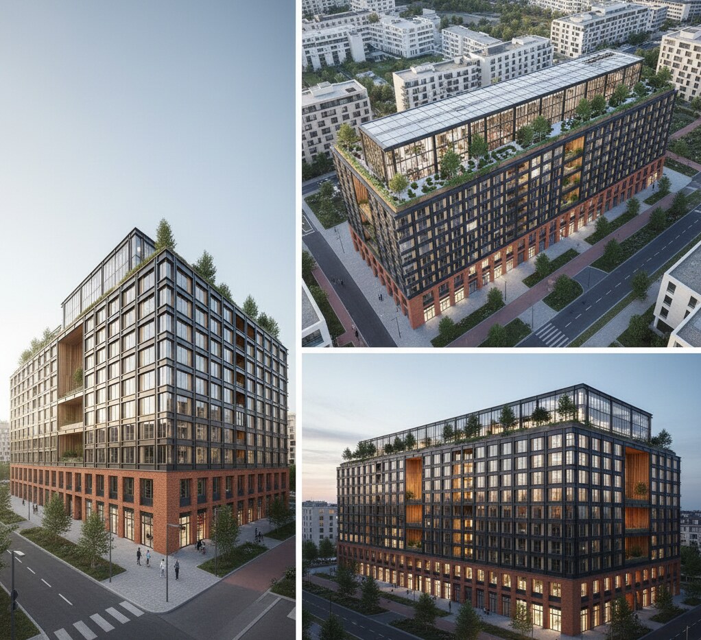 Mixed-use building composition showing the glazed elevation from street level, above and in context