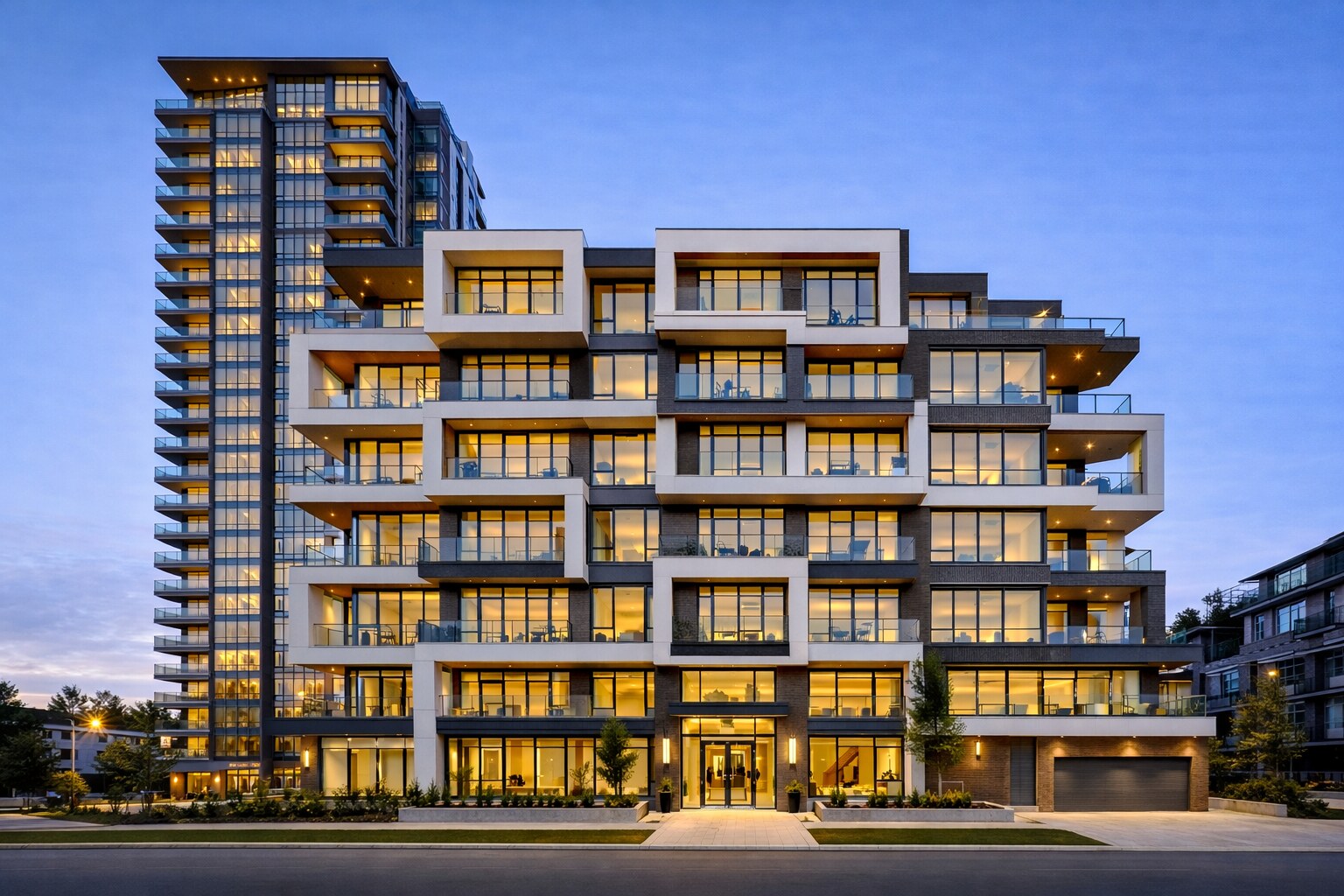 Contemporary residential building with full-height architectural glazing at dusk